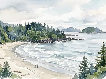 Aquarellillustration des Wahrzeichens Pacific Rim Tofino in Tofino Kanada, weiche Farbverläufe und pastelliges Reiseposter-Feeling - Foto: THN