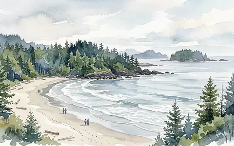 Aquarellillustration des Wahrzeichens Pacific Rim Tofino in Tofino Kanada, weiche Farbverläufe und pastelliges Reiseposter-Feeling - Foto: THN