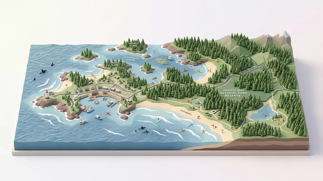 Isometrisches Diorama von Pacific Rim Tofino in Tofino, Kanada in Pastell