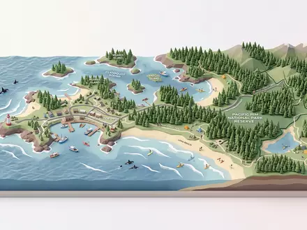Isometrisches Diorama von Pacific Rim Tofino und Umgebung in Tofino Kanada, verspielte Low-Poly-Kulisse in Pastellfarben - Foto: THN