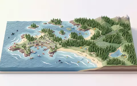 Isometrisches Diorama von Pacific Rim Tofino und Umgebung in Tofino Kanada, verspielte Low-Poly-Kulisse in Pastellfarben - Foto: THN