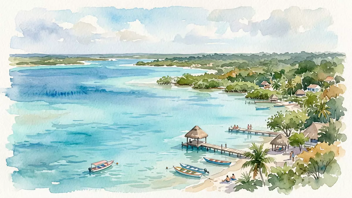 Aquarell-Illustration von Lagune von Bacalar in Bacalar, Mexiko als Reiseposter