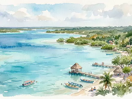 Aquarellillustration des Wahrzeichens Lagune von Bacalar in Bacalar Mexiko, weiche Farbverläufe und pastelliges Reiseposter-Feeling - Foto: THN