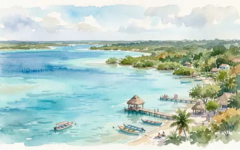 Aquarellillustration des Wahrzeichens Lagune von Bacalar in Bacalar Mexiko, weiche Farbverläufe und pastelliges Reiseposter-Feeling - Foto: THN