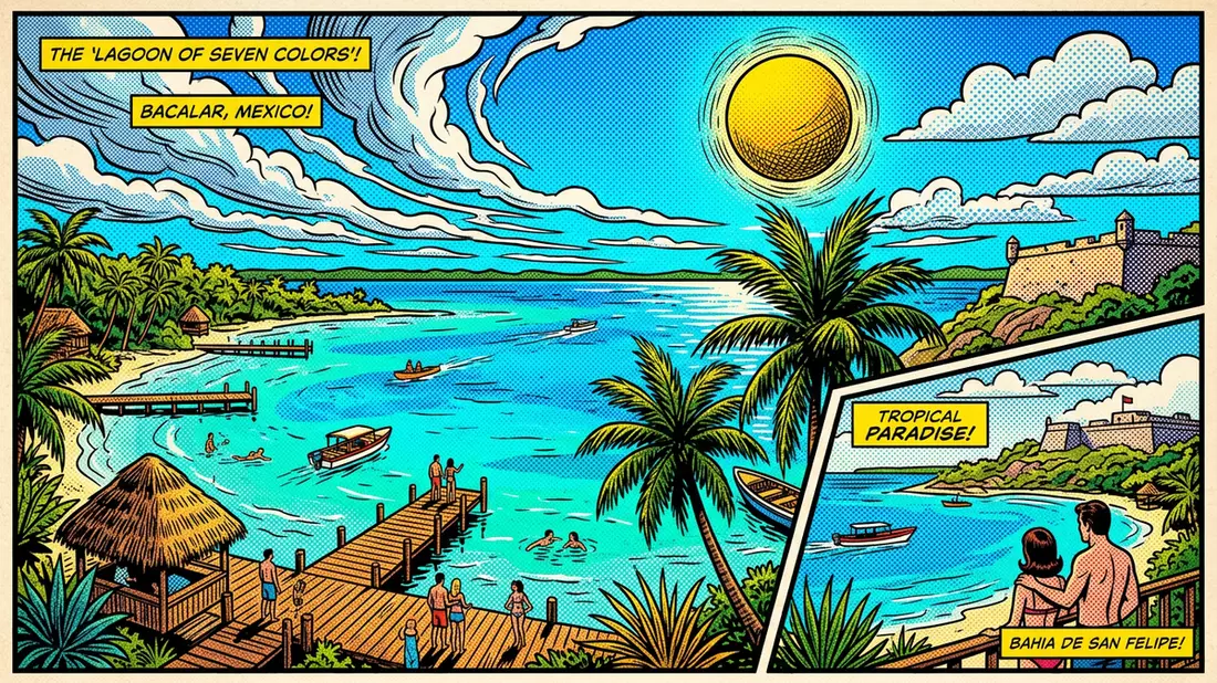 Pop-Art-Comic von Lagune von Bacalar in Bacalar, Mexiko mit Rasterpunkten