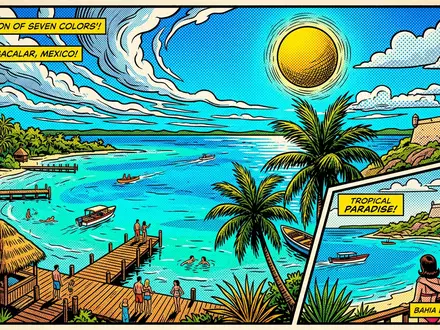 Pop-Art-Comicillustration des Wahrzeichens Lagune von Bacalar in Bacalar Mexiko, kraeftige Konturen Rasterpunkte und satte Farben - Foto: THN