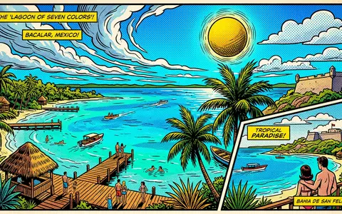 Pop-Art-Comicillustration des Wahrzeichens Lagune von Bacalar in Bacalar Mexiko, kraeftige Konturen Rasterpunkte und satte Farben - Foto: THN