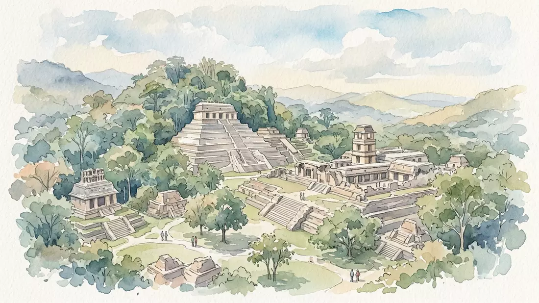 Aquarell-Illustration von Palenque in Palenque, Mexiko als Reiseposter