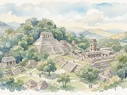 Aquarellillustration des Wahrzeichens Palenque in Palenque Mexiko, weiche Farbverläufe und pastelliges Reiseposter-Feeling - Foto: THN