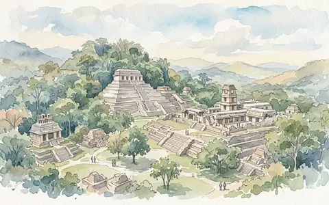 Aquarellillustration des Wahrzeichens Palenque in Palenque Mexiko, weiche Farbverläufe und pastelliges Reiseposter-Feeling - Foto: THN