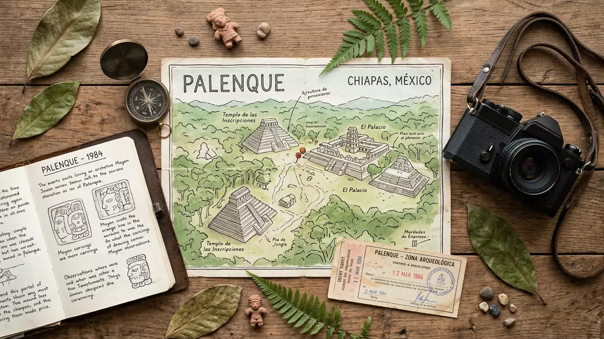 Flatlay-Reise-Arrangement rund um Palenque in Palenque, Mexiko