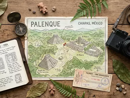 Flatlay-Reise-Arrangement rund um Palenque in Palenque Mexiko, Karte Kompass Kamera und generische Reiserequisiten - Foto: THN