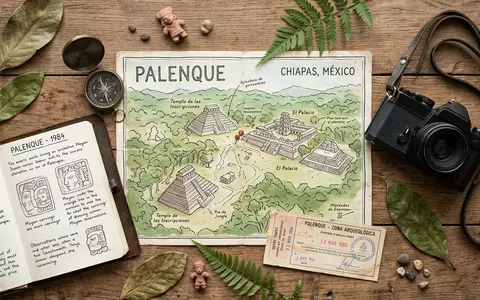 Flatlay-Reise-Arrangement rund um Palenque in Palenque Mexiko, Karte Kompass Kamera und generische Reiserequisiten - Foto: THN