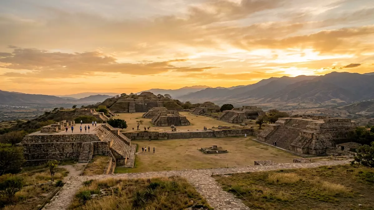Fotorealistische Ansicht von Monte Alban in Oaxaca, Mexiko im Abendlicht