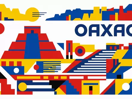 Bauhaus-Poster als geometrische Abstraktion von Monte Alban in Oaxaca Mexiko, kraeftige Grundfarben und harte Formkanten - Foto: THN