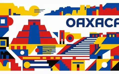 Bauhaus-Poster als geometrische Abstraktion von Monte Alban in Oaxaca Mexiko, kraeftige Grundfarben und harte Formkanten - Foto: THN