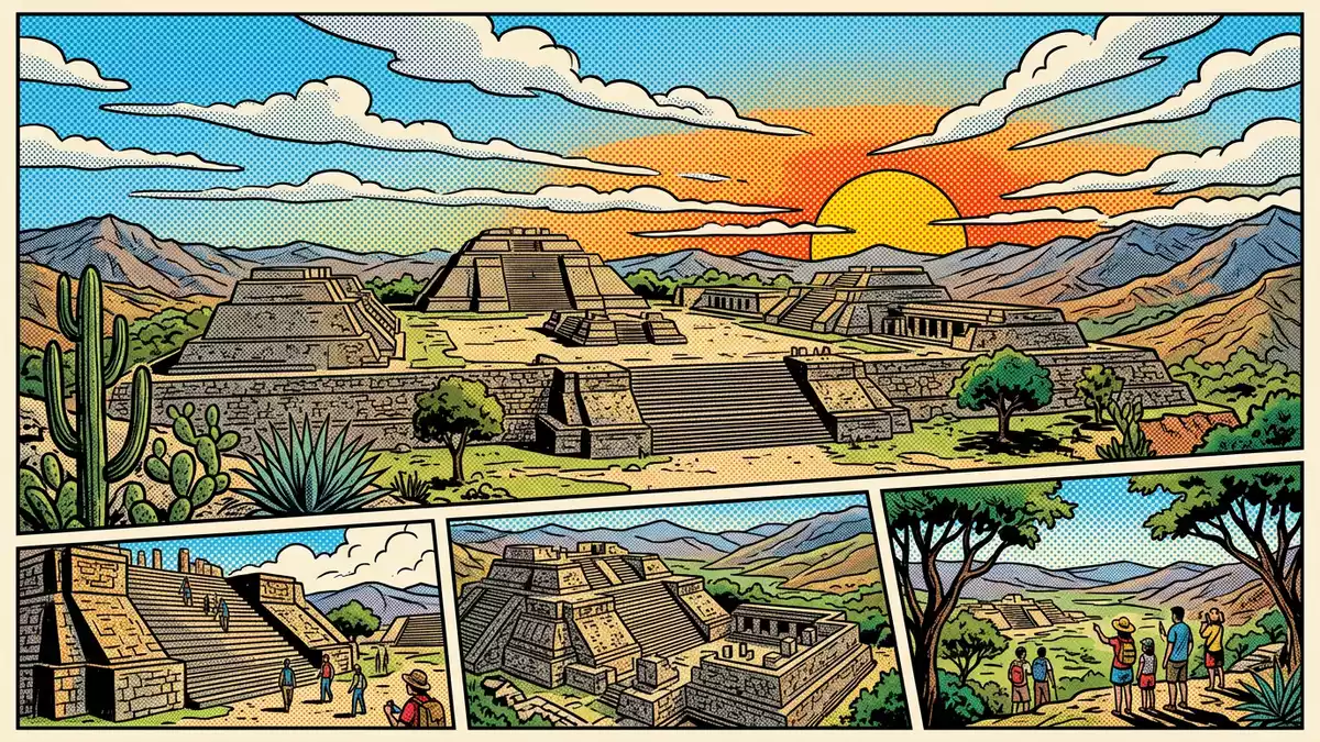 Pop-Art-Comic von Monte Alban in Oaxaca, Mexiko mit Rasterpunkten