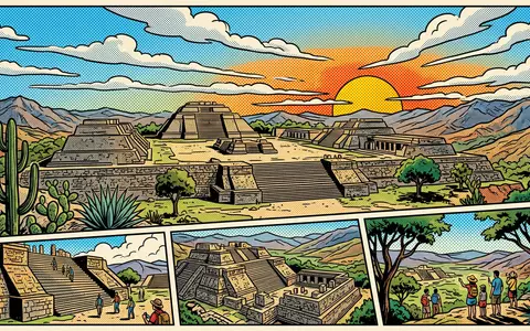Pop-Art-Comicillustration des Wahrzeichens Monte Alban in Oaxaca Mexiko, kraeftige Konturen Rasterpunkte und satte Farben - Foto: THN