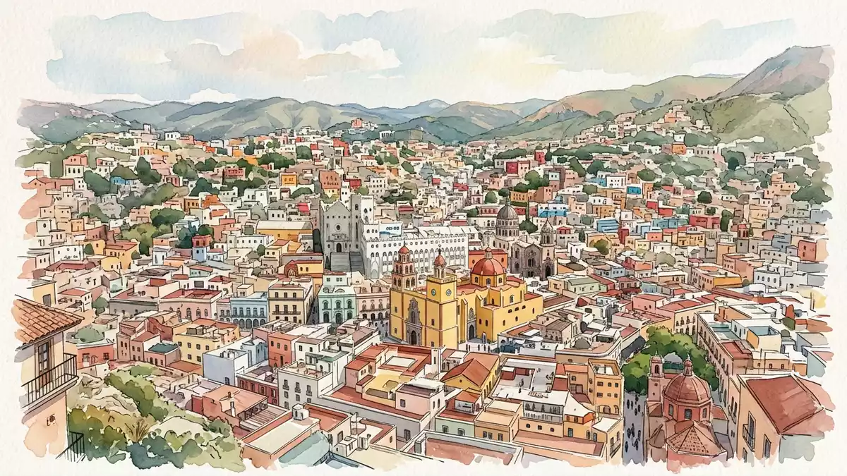 Aquarell-Illustration von Altstadt Guanajuato in Guanajuato, Mexiko als Reiseposter