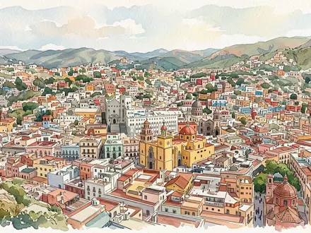 Aquarellillustration des Wahrzeichens Altstadt Guanajuato in Guanajuato Mexiko, weiche Farbverläufe und pastelliges Reiseposter-Feeling - Foto: THN