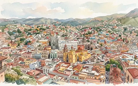 Aquarellillustration des Wahrzeichens Altstadt Guanajuato in Guanajuato Mexiko, weiche Farbverläufe und pastelliges Reiseposter-Feeling - Foto: THN