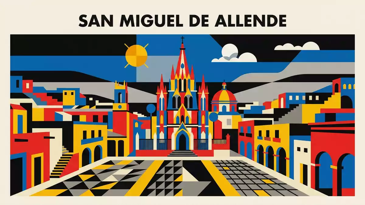 Bauhaus-Poster als Abstraktion von San Miguel de Allende in San Miguel de Allende, Mexiko