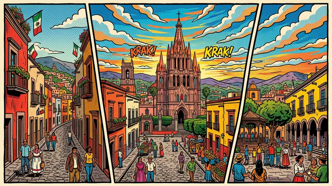 Pop-Art-Comic von San Miguel de Allende in San Miguel de Allende, Mexiko mit Rasterpunkten