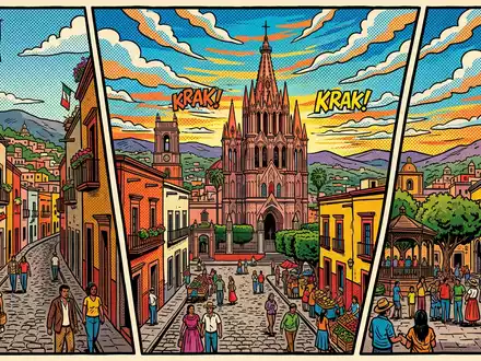Pop-Art-Comicillustration des Wahrzeichens San Miguel de Allende in San Miguel de Allende Mexiko, kraeftige Konturen - Foto: THN