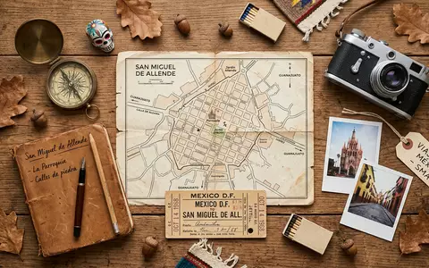 Flatlay-Reise-Arrangement rund um San Miguel de Allende in San Miguel de Allende Mexiko, Karte Kompass - Foto: THN