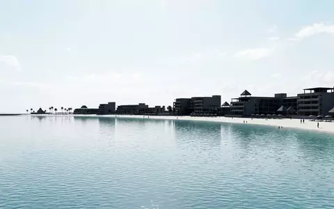 Moderner Architektur-Render zeigt Silhouette von Playa Norte Isla Mujeres in Isla Mujeres Mexiko, klare Linien - Foto: THN