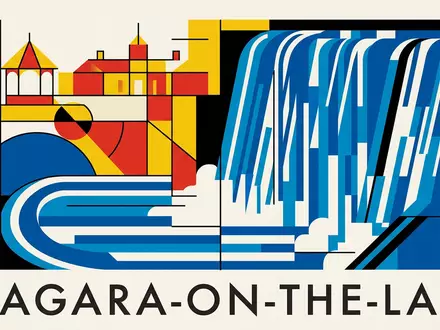 Bauhaus-Poster als geometrische Abstraktion von Niagara-on-the-Lake in Niagara-on-the-Lake Kanada, kraeftige Grundfarben und harte Formkanten - Foto: THN