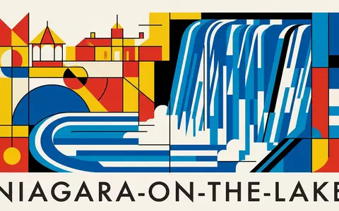 Bauhaus-Poster als geometrische Abstraktion von Niagara-on-the-Lake in Niagara-on-the-Lake Kanada, kraeftige Grundfarben und harte Formkanten - Foto: THN