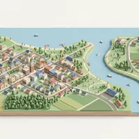 Isometrisches Diorama von Niagara-on-the-Lake und Umgebung in Niagara-on-the-Lake Kanada, verspielte Low-Poly-Kulisse in Pastellfarben - Foto: THN