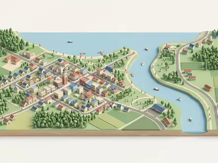 Isometrisches Diorama von Niagara-on-the-Lake und Umgebung in Niagara-on-the-Lake Kanada, verspielte Low-Poly-Kulisse in Pastellfarben - Foto: THN