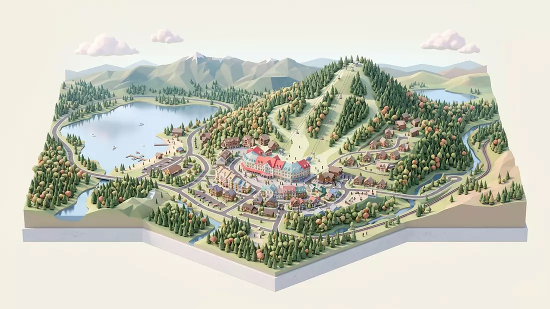 Isometrisches Diorama von Mont Tremblant in Mont-Tremblant, Kanada in Pastell