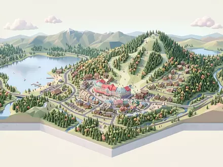 Isometrisches Diorama von Mont Tremblant und Umgebung in Mont-Tremblant Kanada, verspielte Low-Poly-Kulisse in Pastellfarben - Foto: THN