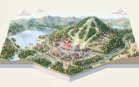 Isometrisches Diorama von Mont Tremblant und Umgebung in Mont-Tremblant Kanada, verspielte Low-Poly-Kulisse in Pastellfarben - Foto: THN