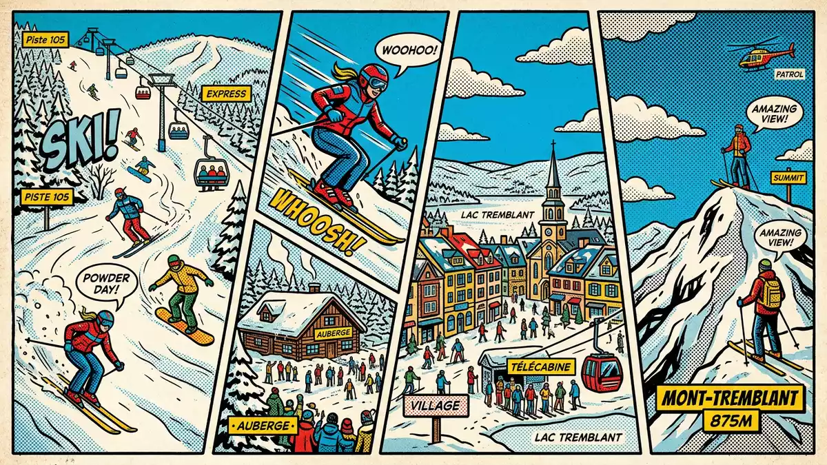 Pop-Art-Comic von Mont Tremblant in Mont-Tremblant, Kanada mit Rasterpunkten