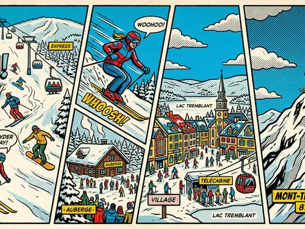 Pop-Art-Comicillustration des Wahrzeichens Mont Tremblant in Mont-Tremblant Kanada, kraeftige Konturen Rasterpunkte und satte Farben - Foto: THN