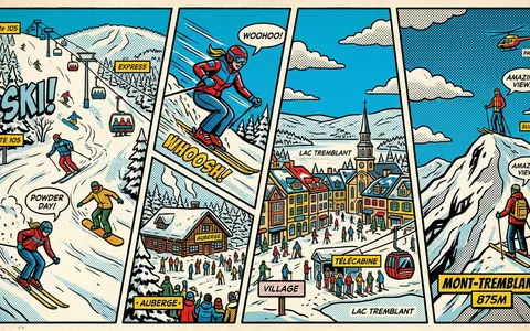 Pop-Art-Comicillustration des Wahrzeichens Mont Tremblant in Mont-Tremblant Kanada, kraeftige Konturen Rasterpunkte und satte Farben - Foto: THN