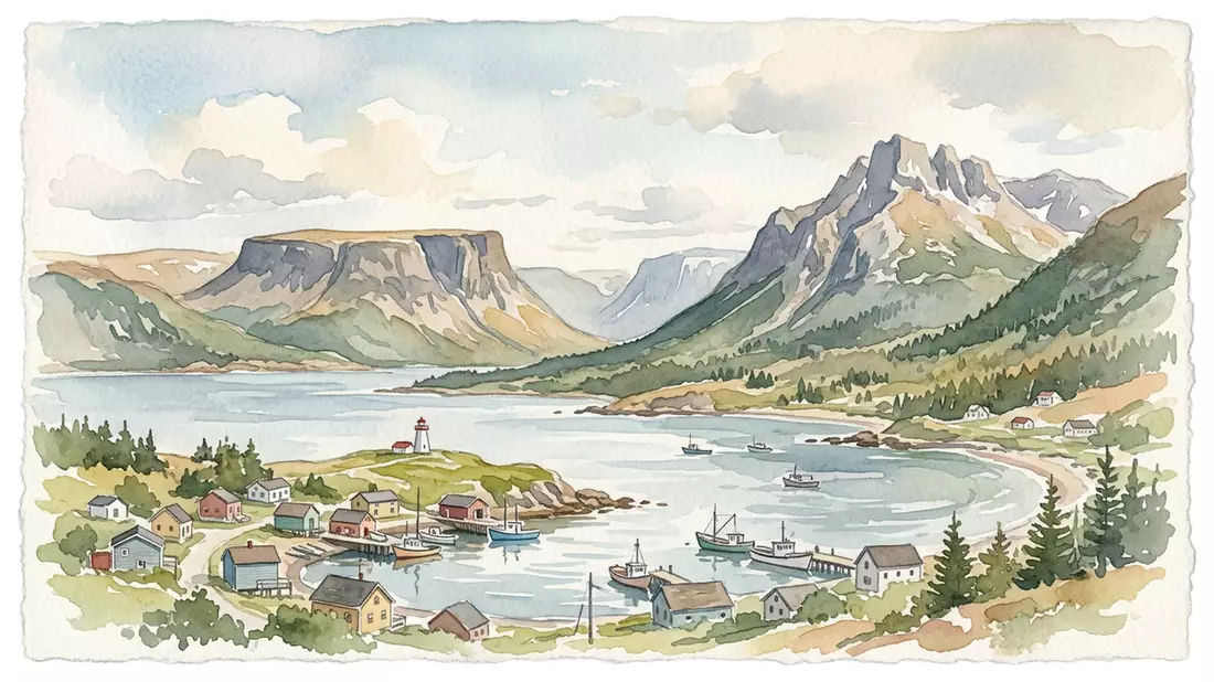 Aquarell-Illustration von Gros-Morne-Nationalpark in Rocky Harbour, Kanada als Reiseposter