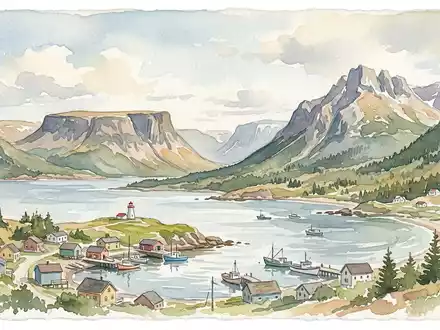 Aquarellillustration des Wahrzeichens Gros-Morne-Nationalpark in Rocky Harbour Kanada, weiche Farbverläufe und pastelliges Reiseposter-Feeling - Foto: THN