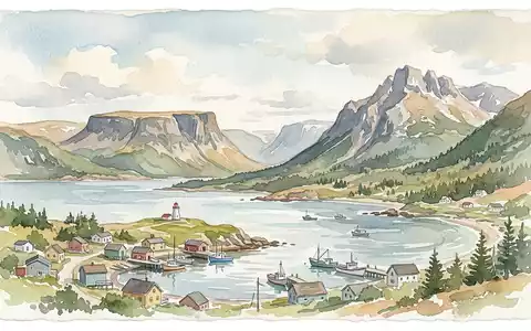 Aquarellillustration des Wahrzeichens Gros-Morne-Nationalpark in Rocky Harbour Kanada, weiche Farbverläufe und pastelliges Reiseposter-Feeling - Foto: THN
