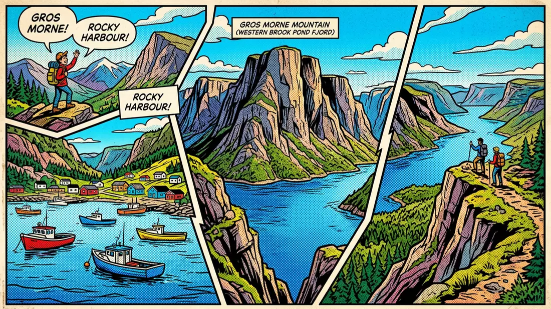 Pop-Art-Comic von Gros-Morne-Nationalpark in Rocky Harbour, Kanada mit Rasterpunkten