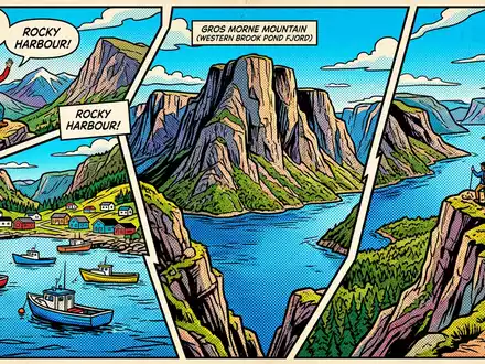 Pop-Art-Comicillustration des Wahrzeichens Gros-Morne-Nationalpark in Rocky Harbour Kanada, kraeftige Konturen Rasterpunkte und satte Farben - Foto: THN
