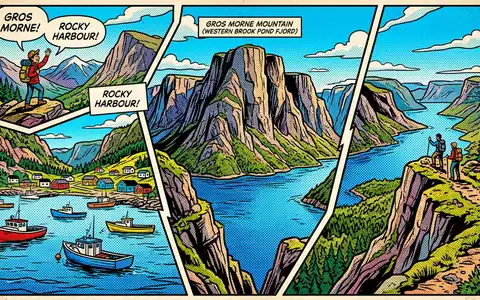 Pop-Art-Comicillustration des Wahrzeichens Gros-Morne-Nationalpark in Rocky Harbour Kanada, kraeftige Konturen Rasterpunkte und satte Farben - Foto: THN
