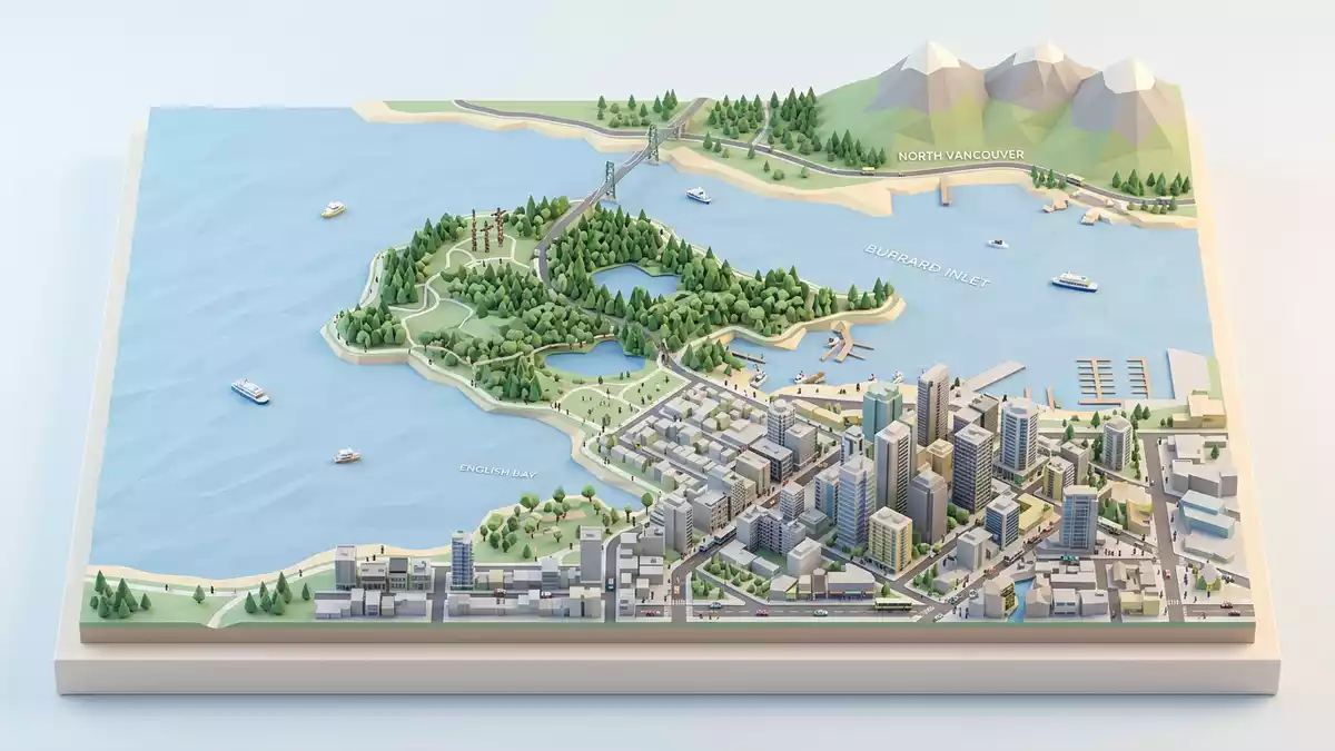 Isometrisches Diorama von Stanley Park Vancouver in Vancouver, Kanada in Pastell