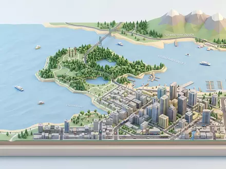 Isometrisches Diorama von Stanley Park Vancouver und Umgebung in Vancouver Kanada, verspielte Low-Poly-Kulisse in Pastellfarben - Foto: THN
