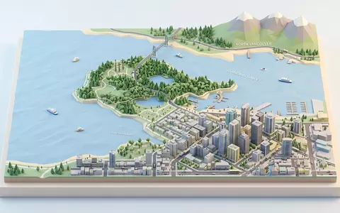 Isometrisches Diorama von Stanley Park Vancouver und Umgebung in Vancouver Kanada, verspielte Low-Poly-Kulisse in Pastellfarben - Foto: THN