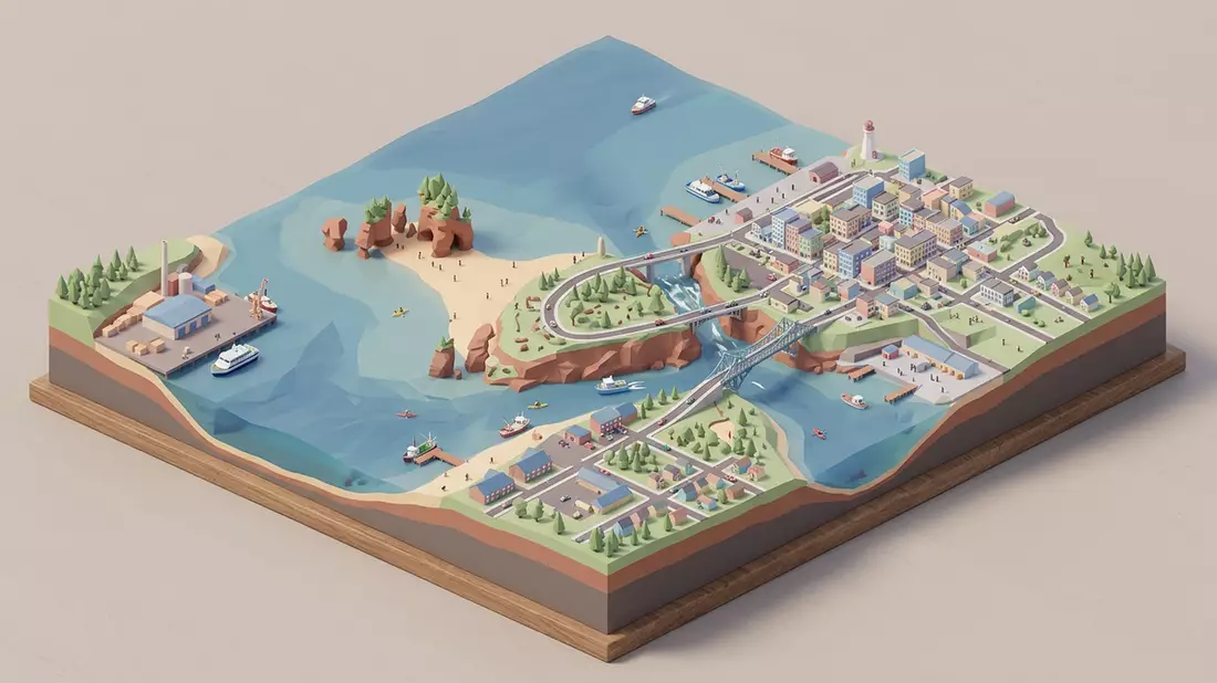 Isometrisches Diorama von Bay of Fundy in Saint John, Kanada in Pastell
